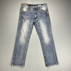 GS115 Jeans Mens 34x33 Williamsburg Slim Fit Distressed Medium Wash Heavy Stitch